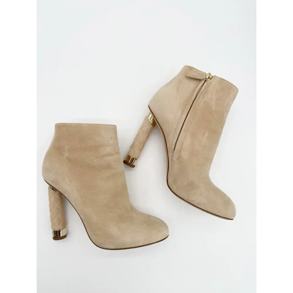 Chanel Coco Tower Beige Suede Quilted Logo Heel Round Toe Ankle Boots EU 37